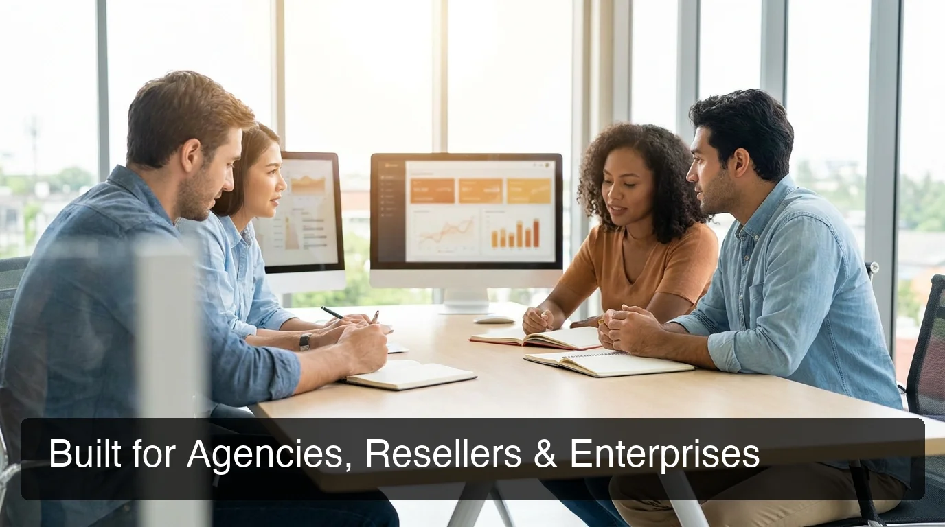 OpenClawHQ agency and reseller use case showing diverse team collaborating with AI data on monitors in modern office