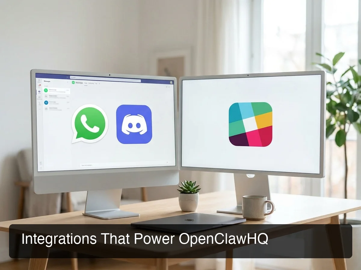 OpenClawHQ integrations showing WhatsApp, Discord, and Slack side-by-side multi-channel messaging deployment