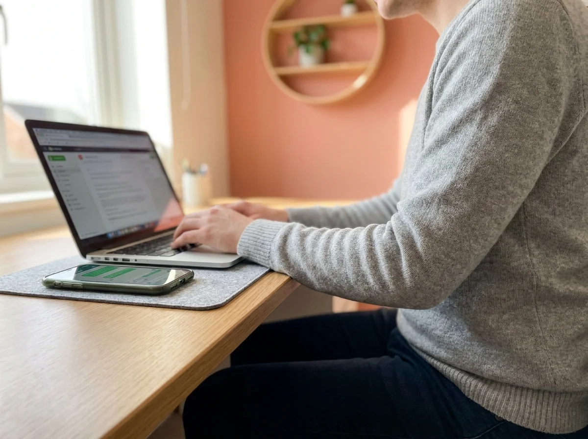Person at laptop in home office setup for managed openclaw hosting comparison, phone beside them showing messaging app with warm indoor ambient lighting