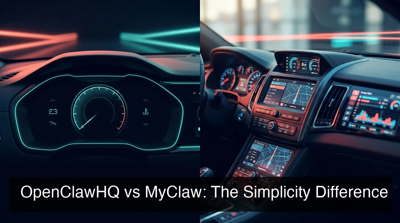 OpenClawHQ vs MyClaw comparison showing split-screen dashboard interfaces side by side