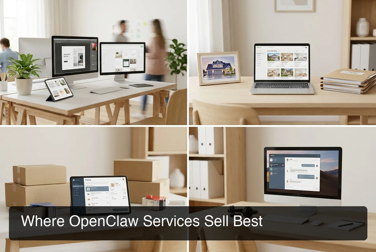 openclaw business opportunity client verticals — split-screen showing agencies, real estate, e-commerce, and support industries