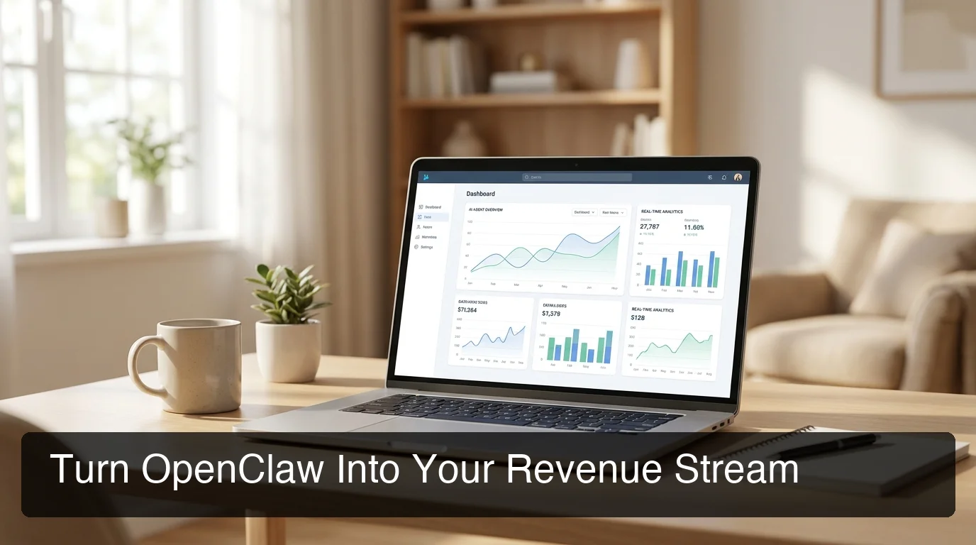 OpenClawHQ sell openclaw service — professional workspace with laptop showing AI agent analytics dashboard