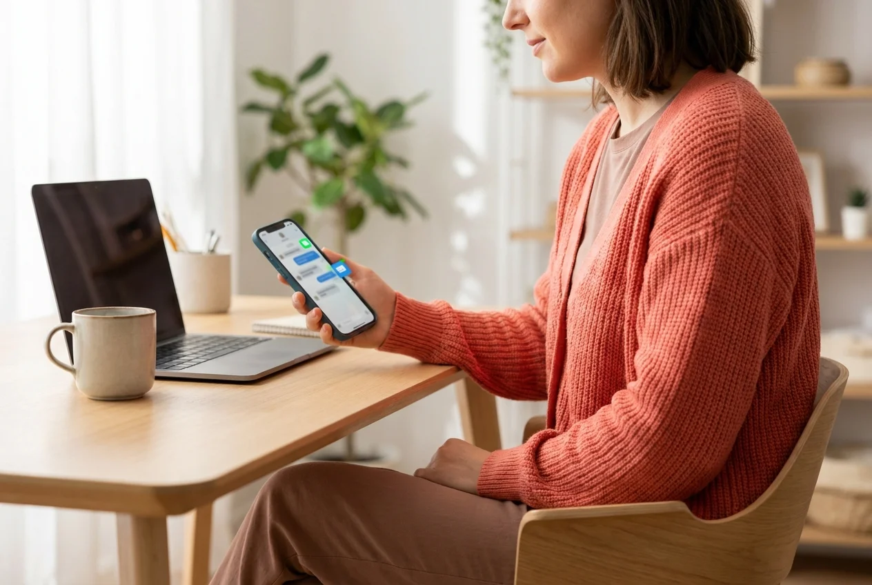 OpenClawHQ business owner using WhatsApp messaging automation on phone at a warm office desk with notification badges visible on screen