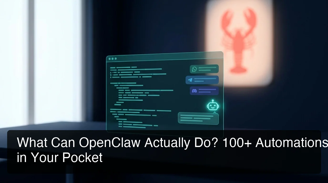 What can OpenClaw do — 100+ automations across WhatsApp, Telegram, Discord messaging apps, dark terminal interface with teal neon glow and coral lobster silhouette