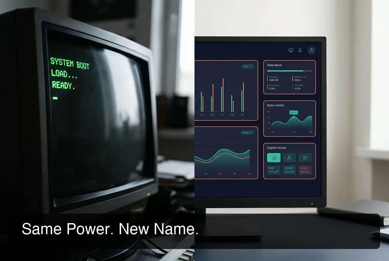 Before/after split-screen comparison showing retro Clawdbot terminal on the left transforming into modern OpenClaw managed dashboard on the right, dark background with coral accent lighting