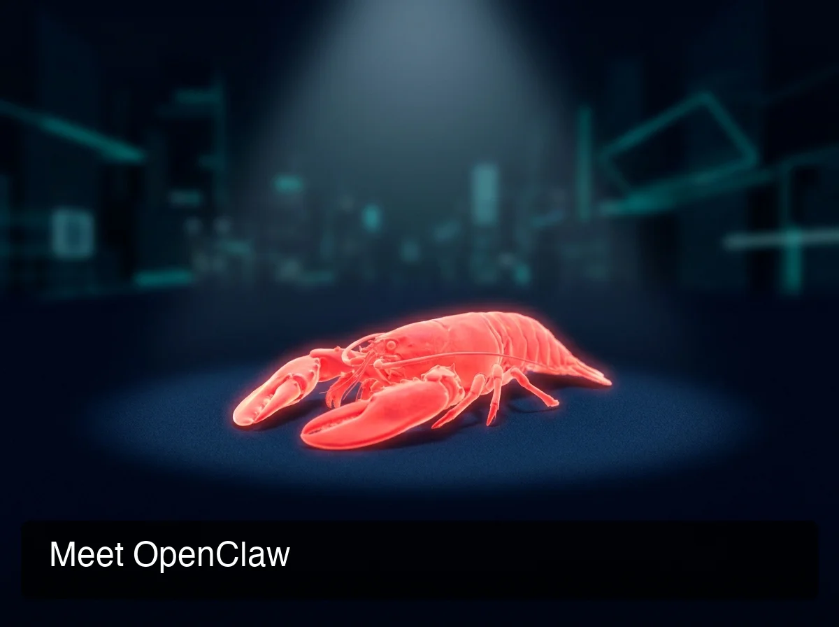 OpenClaw red lobster mascot glowing against dark navy cyberpunk background, representing the continuous identity behind Clawdbot, Moltbot, and OpenClaw naming history