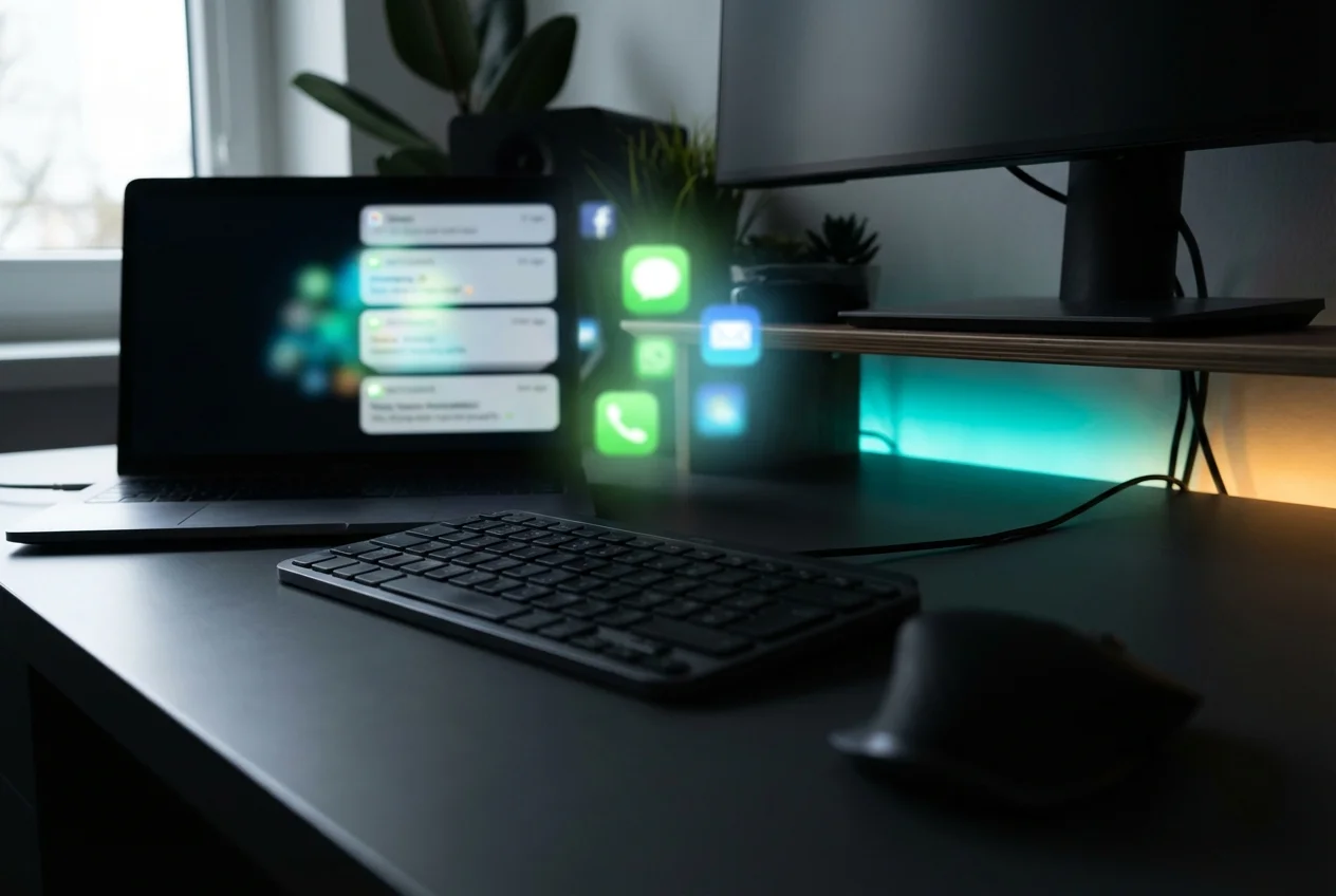 OpenClawHQ skills library showing messaging app notifications with teal and amber neon glow