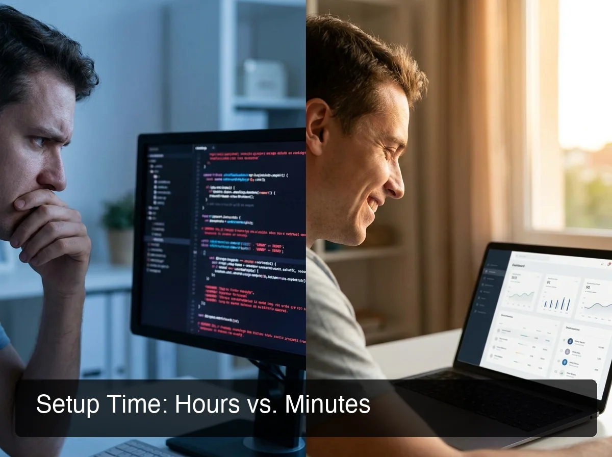 openclawhq self hosting openclaw setup reality check showing frustrated person at terminal with Node.js errors on left versus smiling person at laptop with clean dashboard on right, warm home office lighting