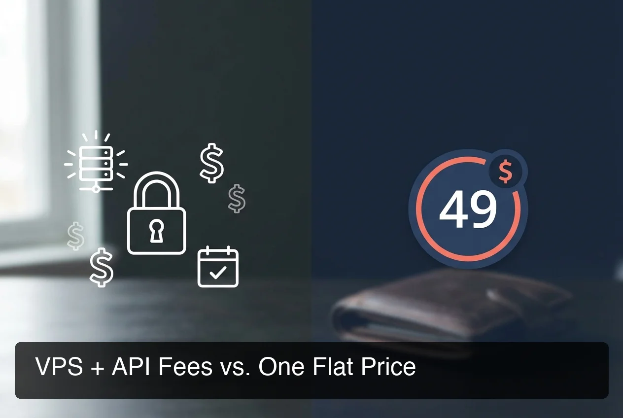 openclawhq vps cost breakdown showing split financial view with scattered server and API cost icons versus clean flat $49 badge, dark professional background with coral accent borders