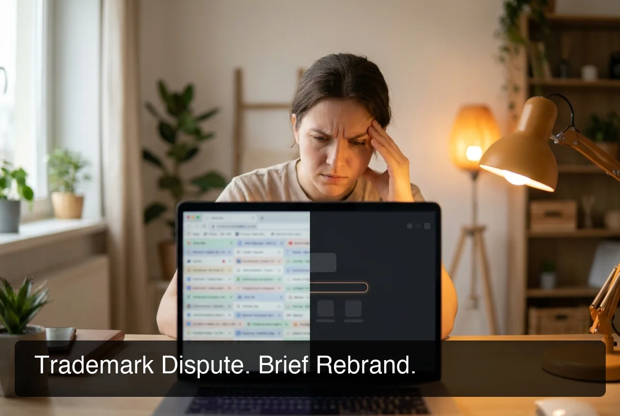 Person at a desk with multiple browser tabs open comparing trademark notices and rename announcements